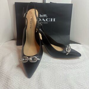 NWOT Coach Black sling back Heels with Silver Chain Accent